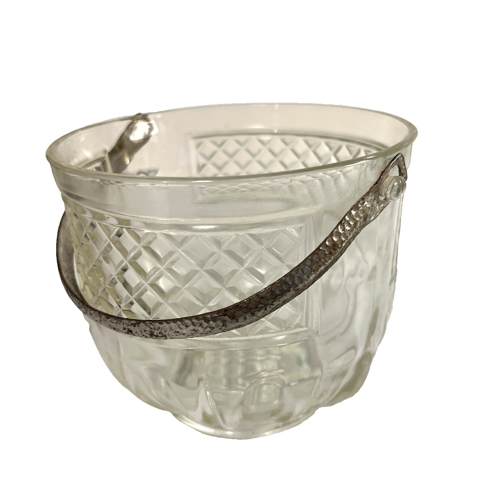 Vintage Glass Ice Bucket MCM Hammered Metal Handle 5" H Textured Barware Party